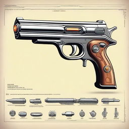 A highly detailed illustration of a 1950s style plasma pistol