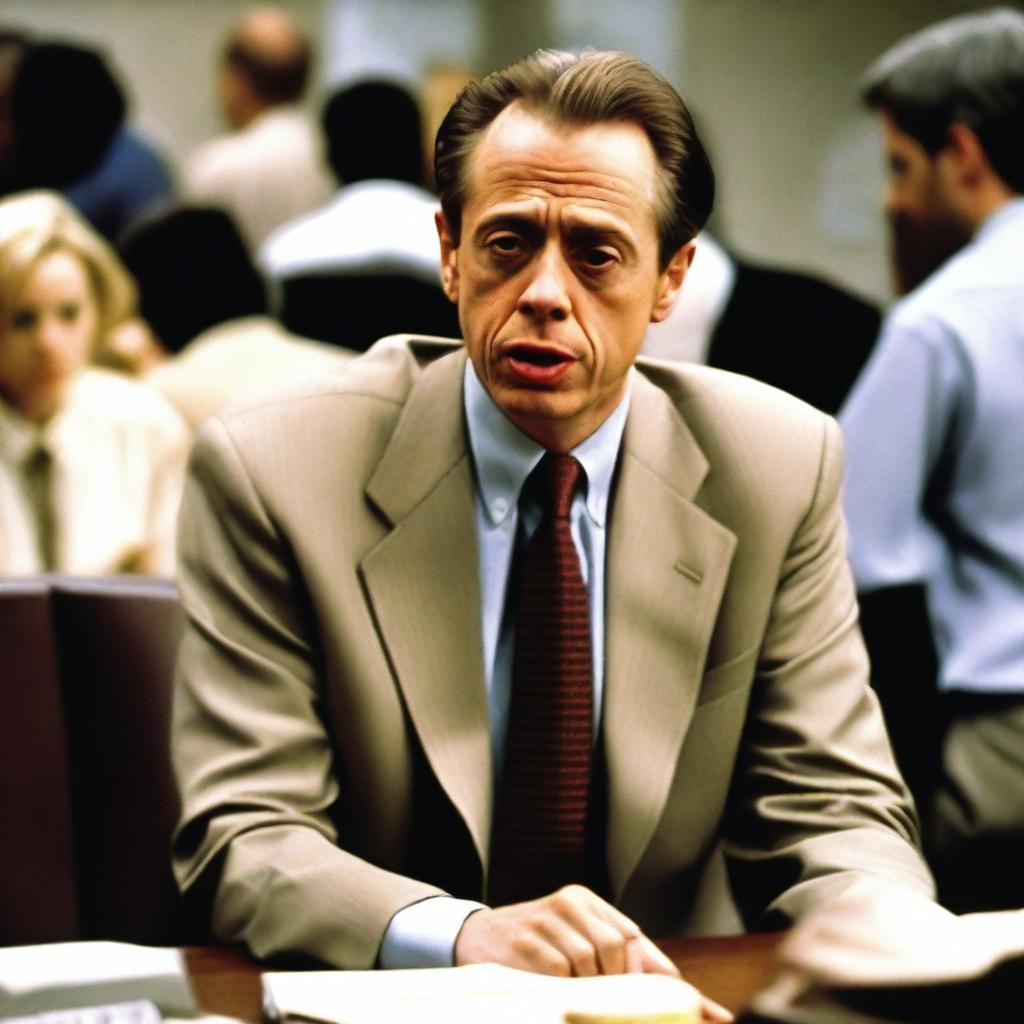 Steve Buscemi, the actor, wearing a cheap, ill-fitting suit, standing awkwardly in an office setting