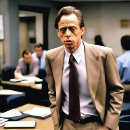 Steve Buscemi, the actor, wearing a cheap, ill-fitting suit, standing awkwardly in an office setting