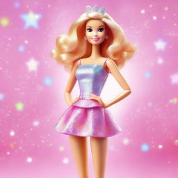 A vibrant and cheerful image of Barbie in a stylish outfit, standing in front of a dreamy, pastel-colored background with sparkles and stars