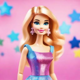 A vibrant and cheerful image of Barbie in a stylish outfit, standing in front of a dreamy, pastel-colored background with sparkles and stars