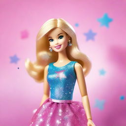 A vibrant and cheerful image of Barbie in a stylish outfit, standing in front of a dreamy, pastel-colored background with sparkles and stars