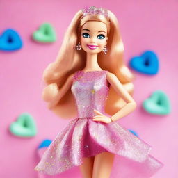 A vibrant and cheerful image of Barbie in a stylish outfit, standing in front of a dreamy, pastel-colored background with sparkles and stars