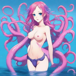 Create an image of a mature waifu with octopus features, styled as a MILF who appears to need collagen but still looks very cute and charming