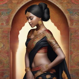 A beautiful black girl wearing a traditional Indian saree, elegantly draped to show her navel