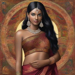 A beautiful black girl wearing a traditional Indian saree, elegantly draped to show her navel