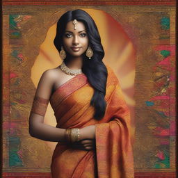 A beautiful black girl wearing a traditional Indian saree, elegantly draped to show her navel