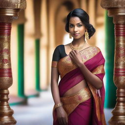 A beautiful black girl wearing a traditional Indian saree, elegantly draped to show her navel