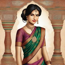 An Indian girl wearing a traditional saree, elegantly draped to accentuate her figure