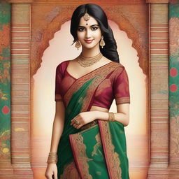 An Indian girl wearing a traditional saree, elegantly draped to accentuate her figure