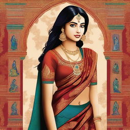 An Indian girl wearing a traditional saree, elegantly draped to accentuate her figure