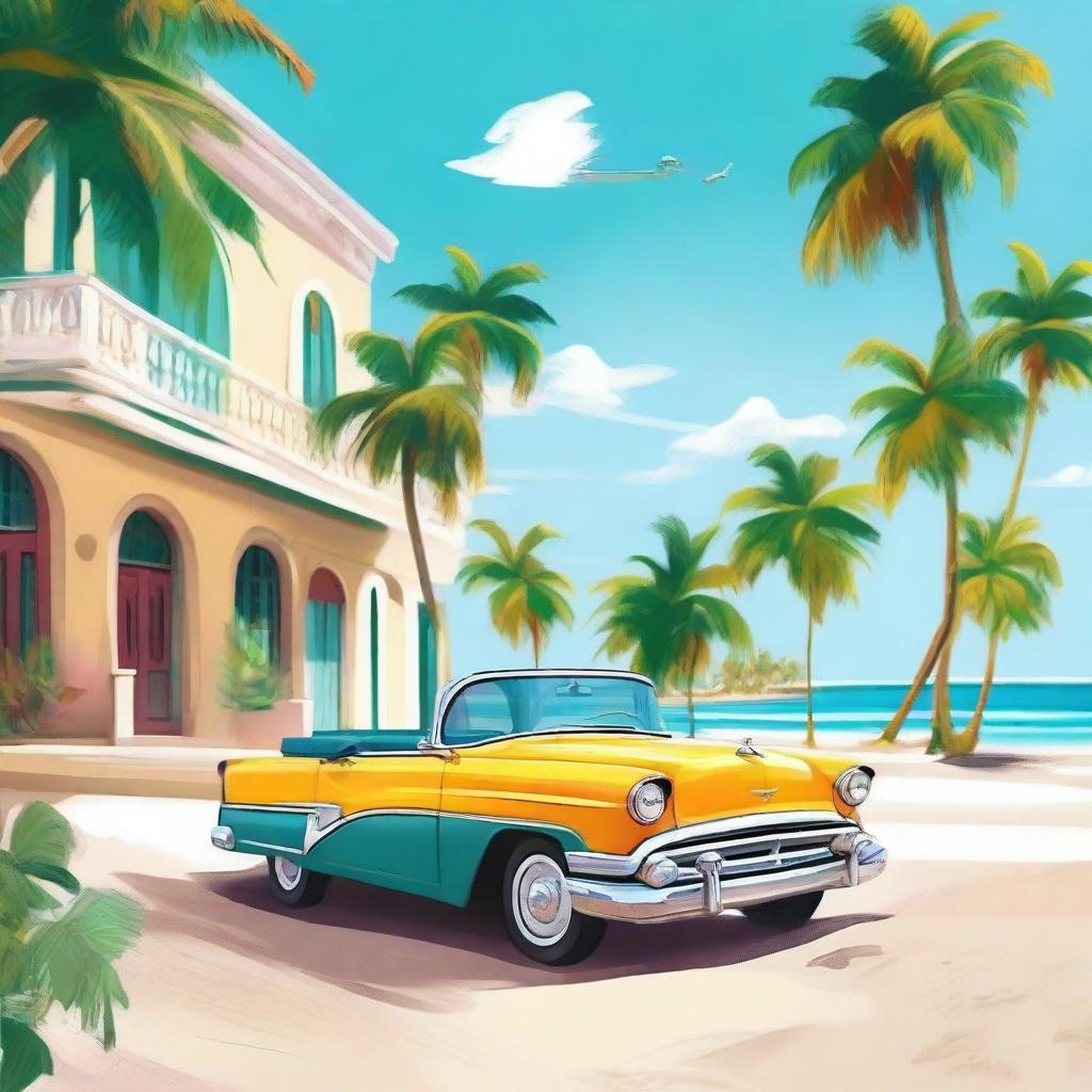 Create a beautiful and vibrant image of a Cuban beach, featuring clear blue waters, white sandy shores, and palm trees swaying in the breeze