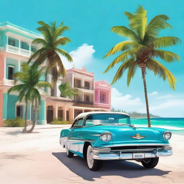 Create a beautiful and vibrant image of a Cuban beach, featuring clear blue waters, white sandy shores, and palm trees swaying in the breeze