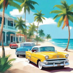 Create a beautiful and vibrant image of a Cuban beach, featuring clear blue waters, white sandy shores, and palm trees swaying in the breeze