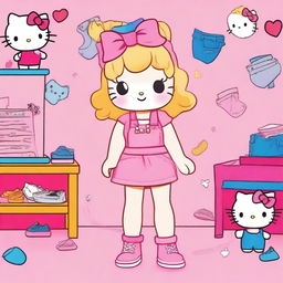 An image of Hello Kitty with blonde wavy hair, a pink bow on her head, wearing pink shoes, a pink crop top, and baggy jeans