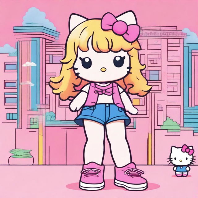 An image of Hello Kitty with blonde wavy hair, a pink bow on her head, wearing pink shoes, a pink crop top, and baggy jeans