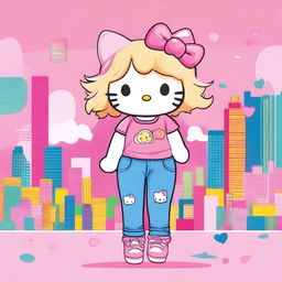 An image of Hello Kitty with blonde wavy hair, a pink bow on her head, wearing pink shoes, a pink crop top, and baggy jeans