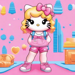 An image of Hello Kitty with blonde wavy hair, a pink bow on her head, wearing pink shoes, a pink crop top, and baggy jeans