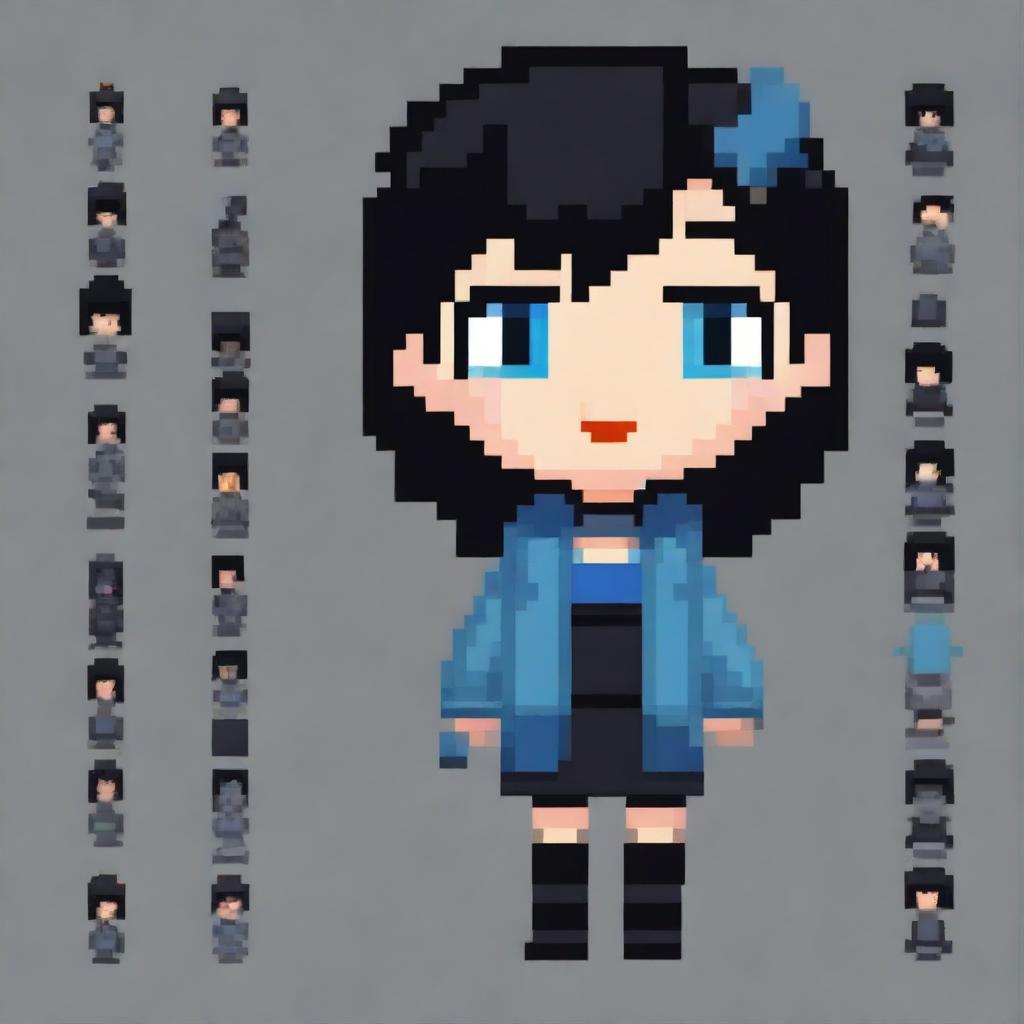 Create a 64x64 pixel video game sprite of a girl with black hair, black dress, and blue eyes