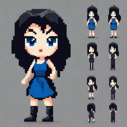 Create a 64x64 pixel video game sprite of a girl with black hair, black dress, and blue eyes