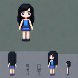 Create a 64x64 pixel video game sprite of a girl with black hair, black dress, and blue eyes