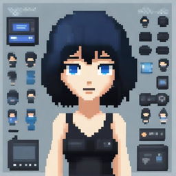 Create a 64x64 pixel video game sprite of a girl with black hair, black dress, and blue eyes