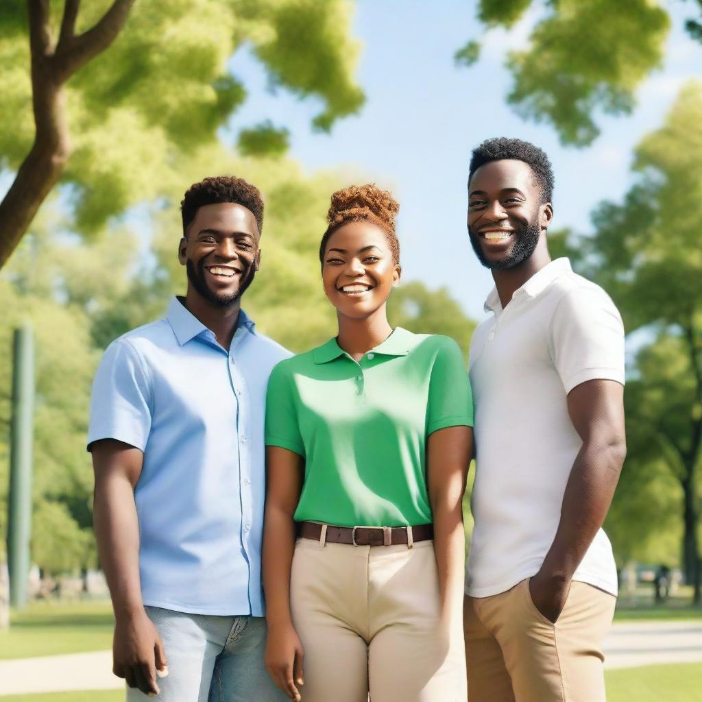 A scene featuring one woman and two men standing together