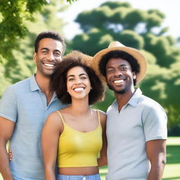 A scene featuring one woman and two men standing together