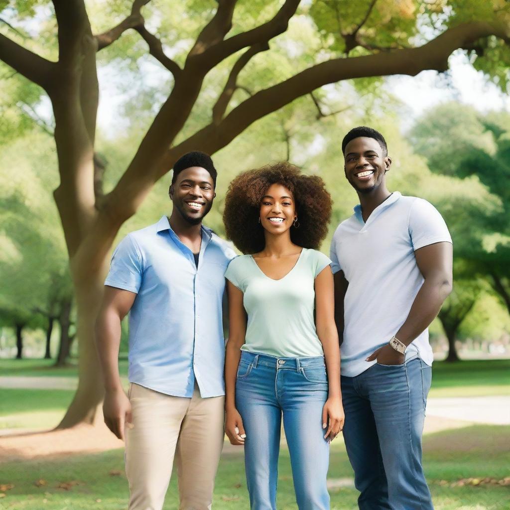 A scene featuring one woman and two men standing together