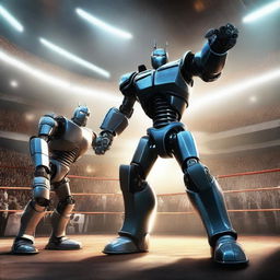 A futuristic boxing match featuring giant robots in a high-tech arena, inspired by the movie Real Steel