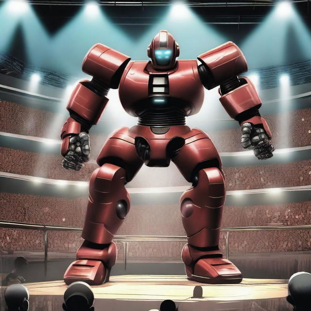 A futuristic boxing match featuring giant robots in a high-tech arena, inspired by the movie Real Steel