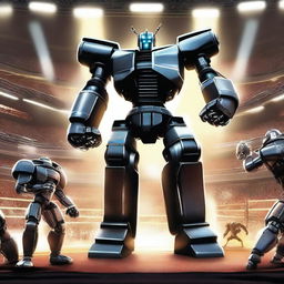 A futuristic boxing match featuring giant robots in a high-tech arena, inspired by the movie Real Steel