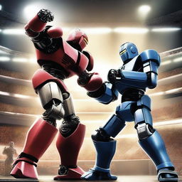 A futuristic boxing match featuring giant robots in a high-tech arena, inspired by the movie Real Steel