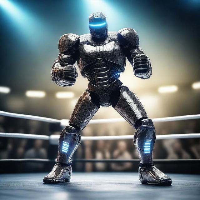 Uma luta de boxe futurista apresentando robôs gigantes em uma arena de alta tecnologia, inspirada no filme Gigante de Aço