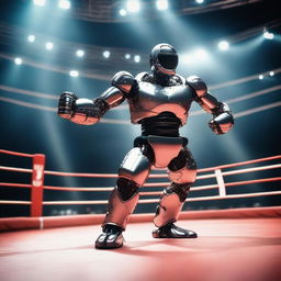 Uma luta de boxe futurista apresentando robôs gigantes em uma arena de alta tecnologia, inspirada no filme Gigante de Aço