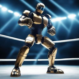 Uma luta de boxe futurista apresentando robôs gigantes em uma arena de alta tecnologia, inspirada no filme Gigante de Aço