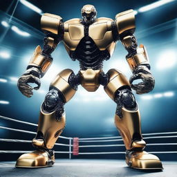 Uma luta de boxe futurista apresentando robôs gigantes em uma arena de alta tecnologia, inspirada no filme Gigante de Aço