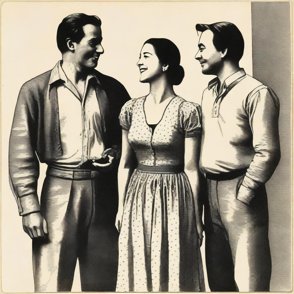 A scene depicting a woman and two men, standing together in a harmonious setting