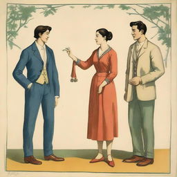 A scene depicting a woman and two men, standing together in a harmonious setting