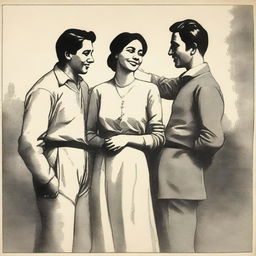 A scene depicting a woman and two men, standing together in a harmonious setting