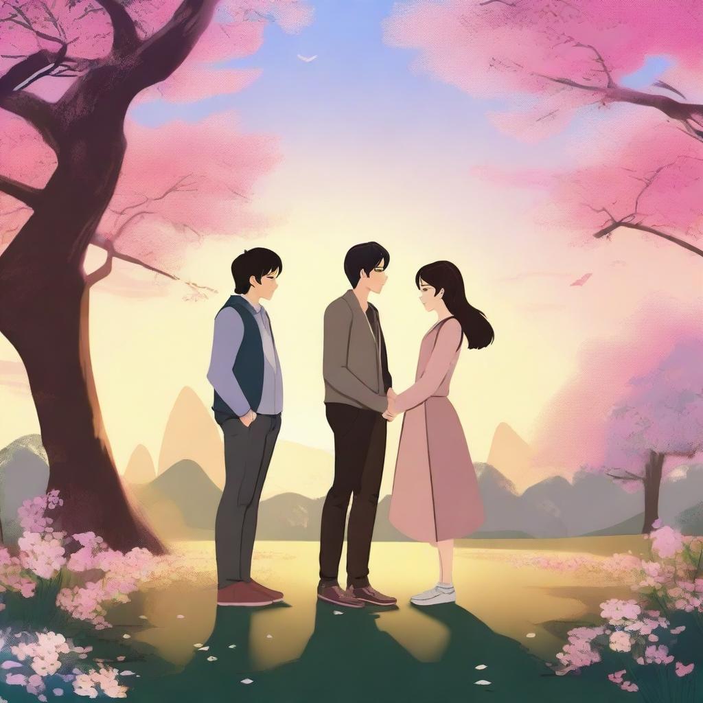 A love triangle involving three characters in a romantic setting