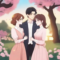 A love triangle involving three characters in a romantic setting