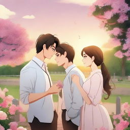 A love triangle involving three characters in a romantic setting