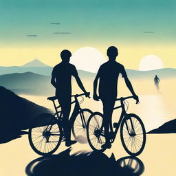 Create a movie poster featuring two men on bicycles in the lower part of the poster, one on a road bike and the other on a mountain bike, depicted as silhouettes