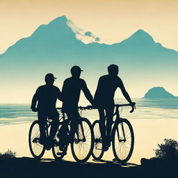 Create a movie poster featuring two men on bicycles in the lower part of the poster, one on a road bike and the other on a mountain bike, depicted as silhouettes