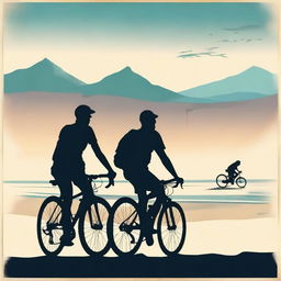 Create a movie poster featuring two men on bicycles in the lower part of the poster, one on a road bike and the other on a mountain bike, depicted as silhouettes