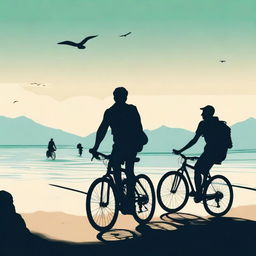 Create a movie poster featuring two men on bicycles in the lower part of the poster, one on a road bike and the other on a mountain bike, depicted as silhouettes