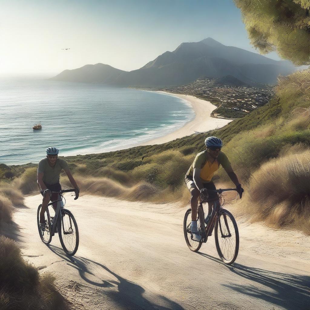 Create a photorealistic movie poster featuring Elba Island with two men on bicycles in the lower part of the poster, one on a road bike and the other on a mountain bike, depicted as silhouettes