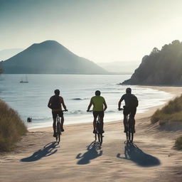 Create a photorealistic movie poster featuring Elba Island with two men on bicycles in the lower part of the poster, one on a road bike and the other on a mountain bike, depicted as silhouettes