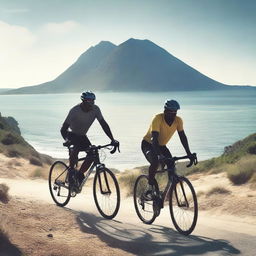 Create a photorealistic movie poster featuring Elba Island with two men on bicycles in the lower part of the poster, one on a road bike and the other on a mountain bike, depicted as silhouettes